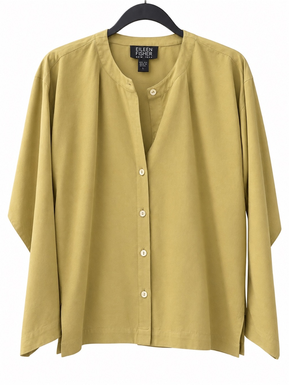Eileen Fisher 100% Silk Button Front Top Blouse M/L Mustard Gold Long Sleeve